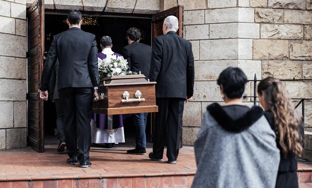 Death Funeral People with Coffin Church Chapel Service Ceremony